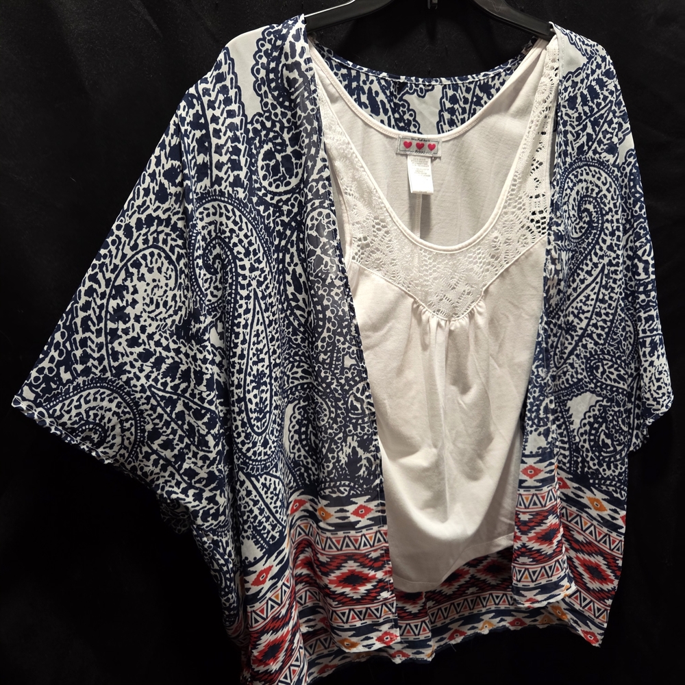 Three Pink Hearts Paisley Kimono & Lace Tank Top Set Sz S Boho Indie Festival